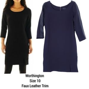 Worthington Sleeve Black Dress Sheath 3/4 Sleeve Faux Leather Trim Size 10